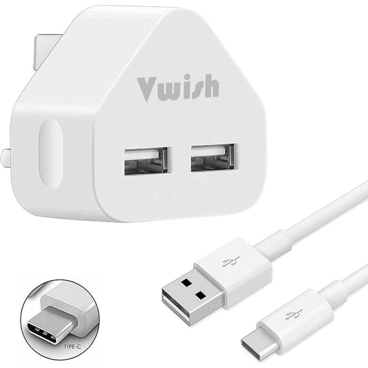 Vwish Fast Dual 2 Port USB Charger 3 Pin UK Mains Wall Plug Adapter