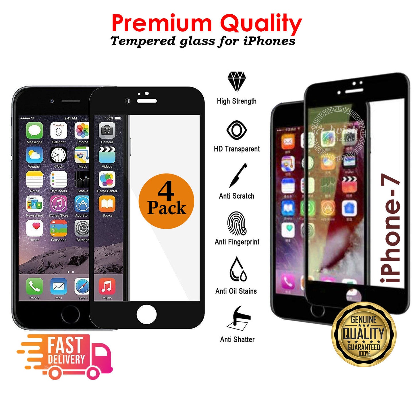 10D Genuine Tempered Glass Screen Protector Protection For iPhone 7 -Black