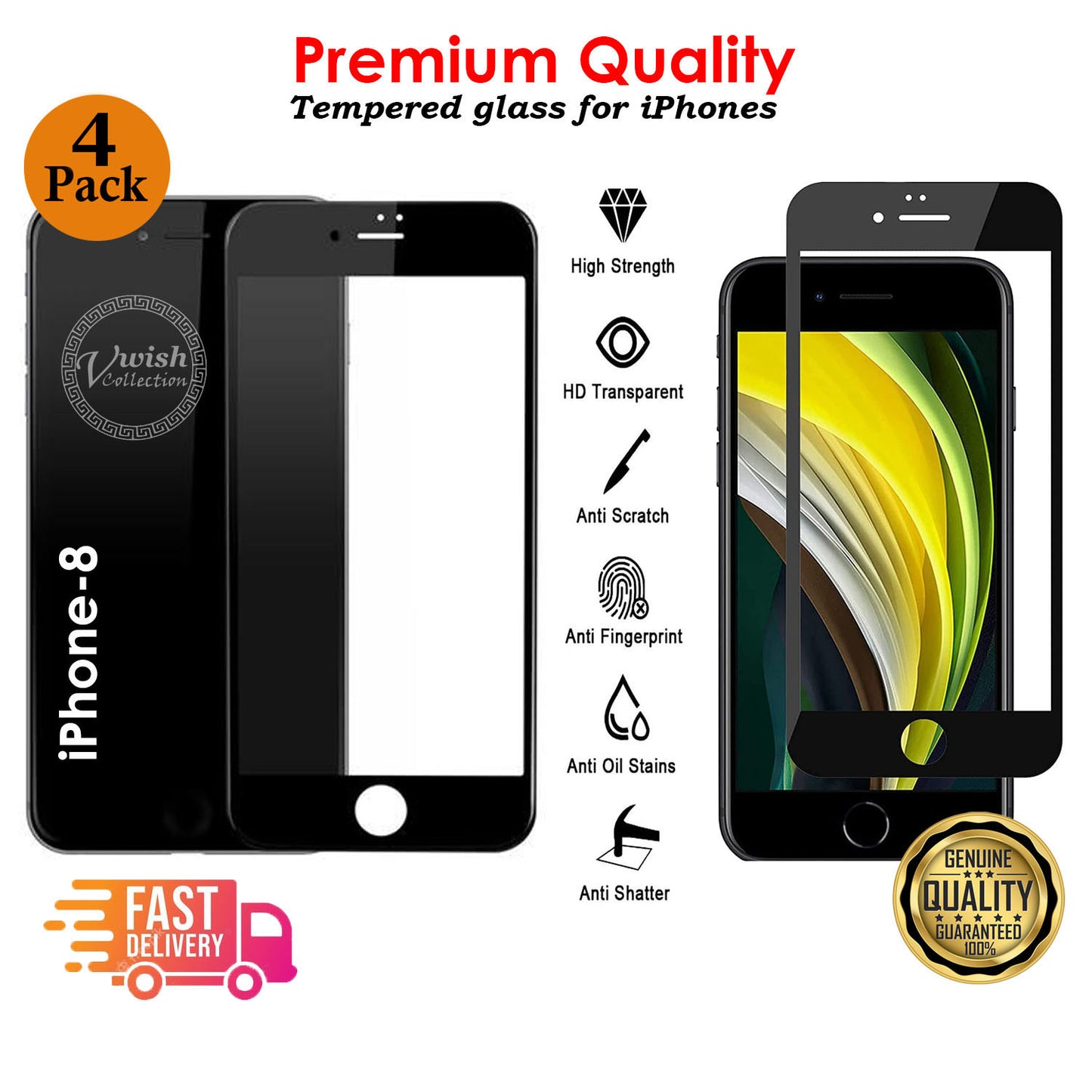 For iPhone 8 Tempered Glass Screen Protector NEW - Black 10D